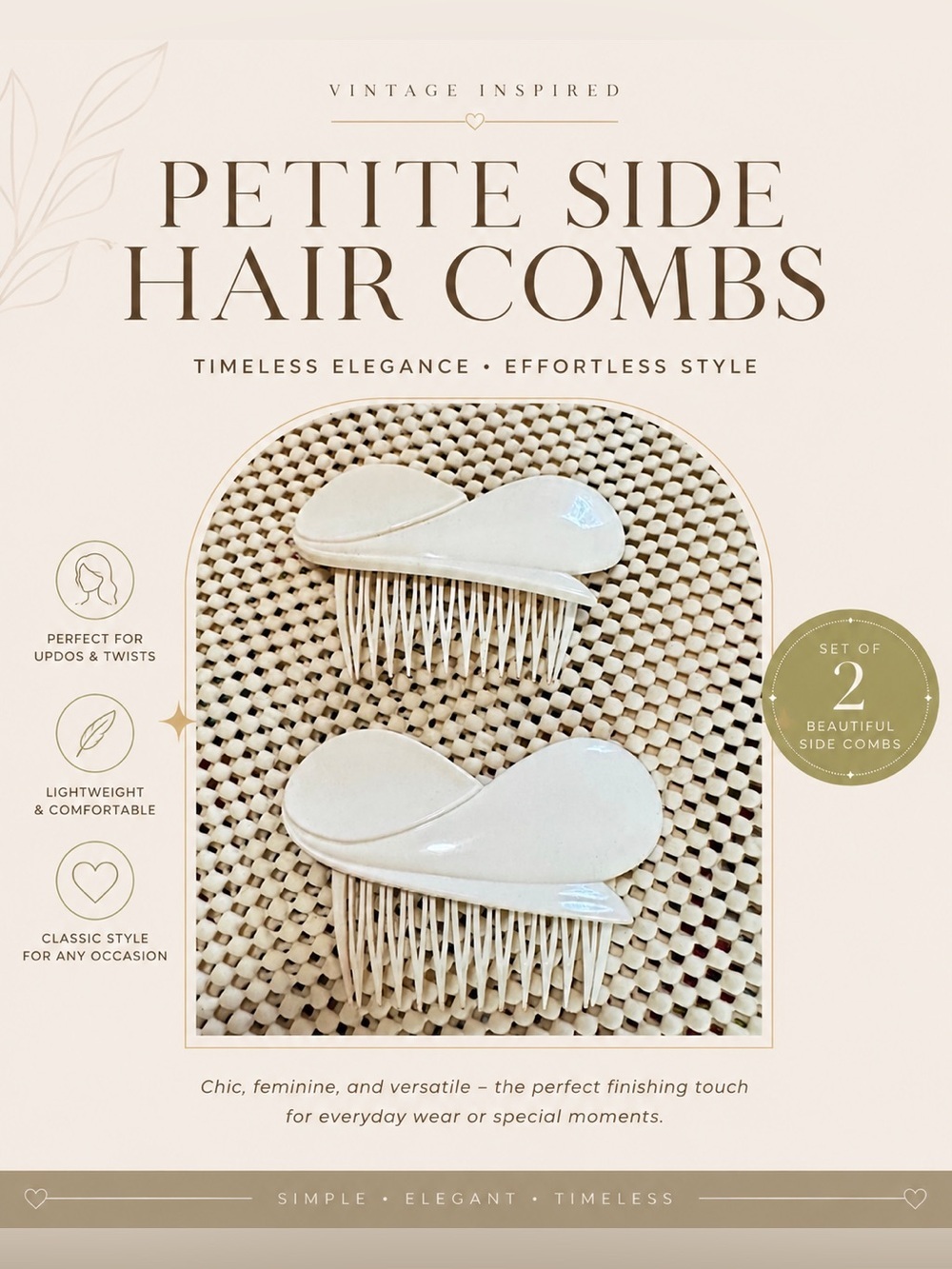 Vintage White Plastic Hair Side Combs Set of 2 Classic French Twist Updo Hair